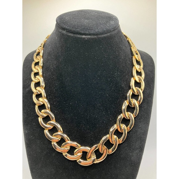 Necklace Vintage Cuban Link Metal Wide Winter Fall Bib Choker Gold-Tone 18" - Picture 2 of 7